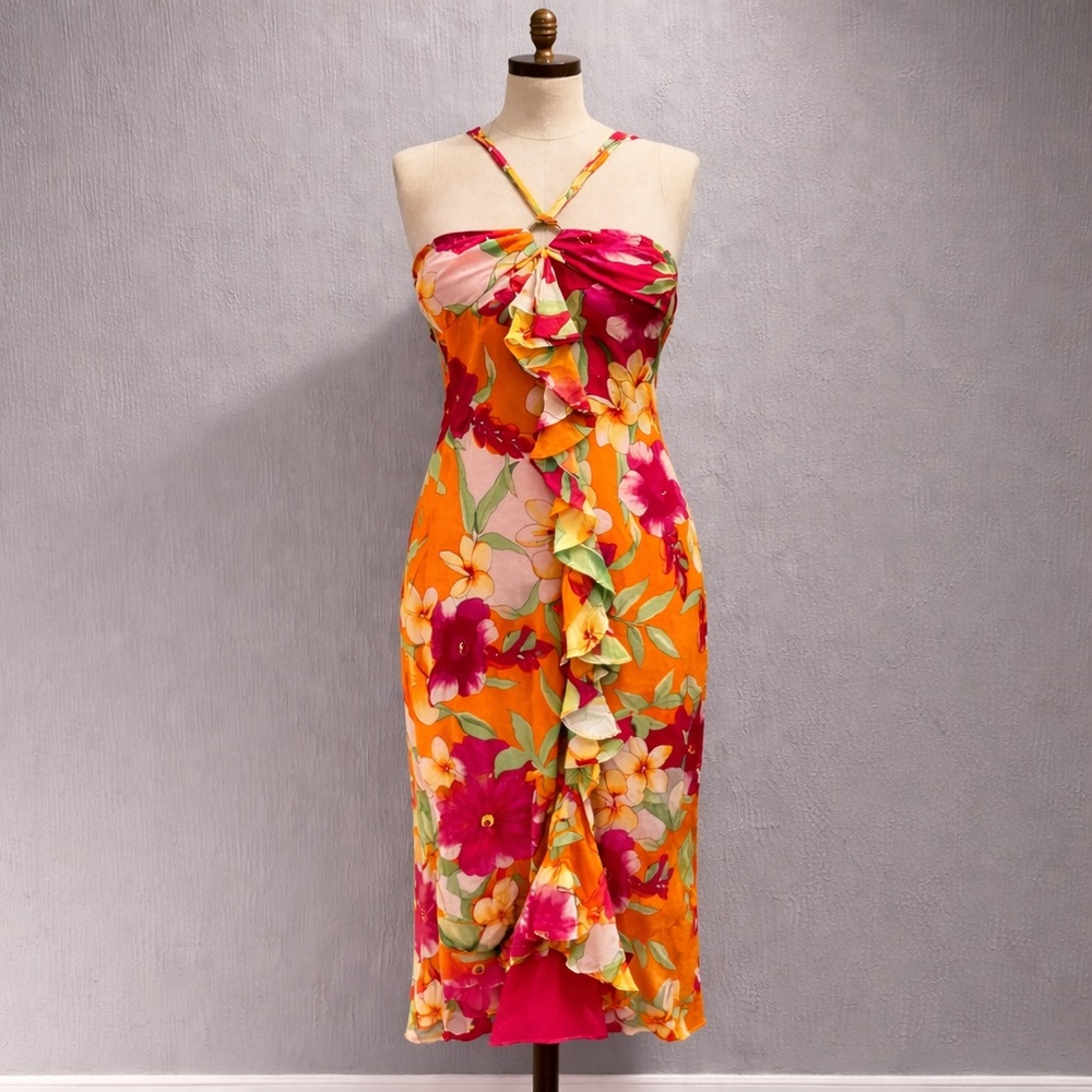 Ralph Lauren Silk Floral Halter Dress – Size 8 – Tropical Ruffle Midi